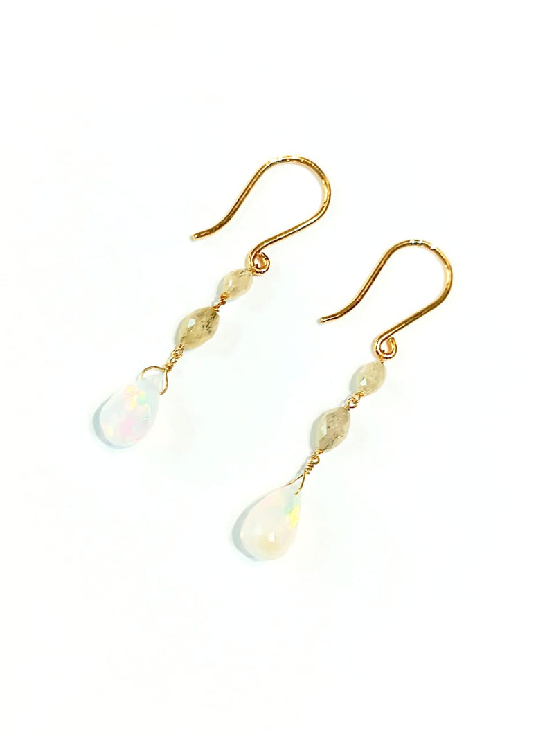 Diamond Bead 1.40 carat & Opal Drop 2.7 carat 14kt Gold Earring