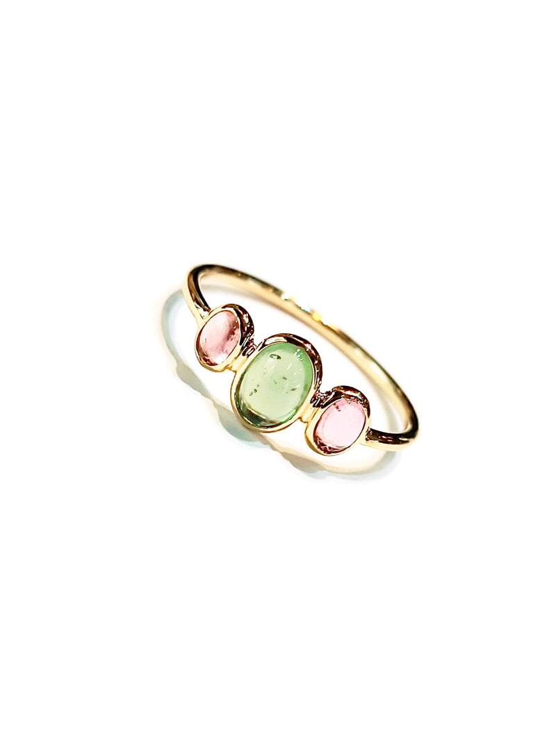 Green & Pink Tourmaline Cabochon 14kt Gold Ring