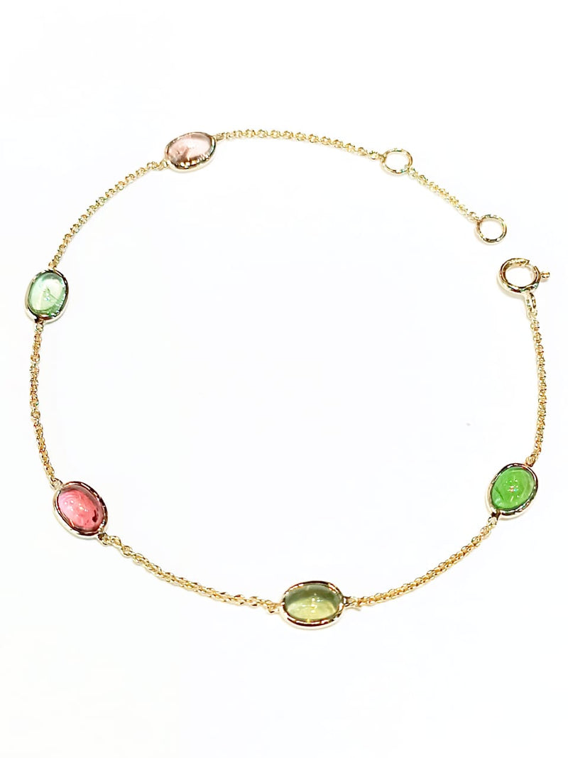 Multi Tourmaline Cabochon  14kt Gold Bracelet